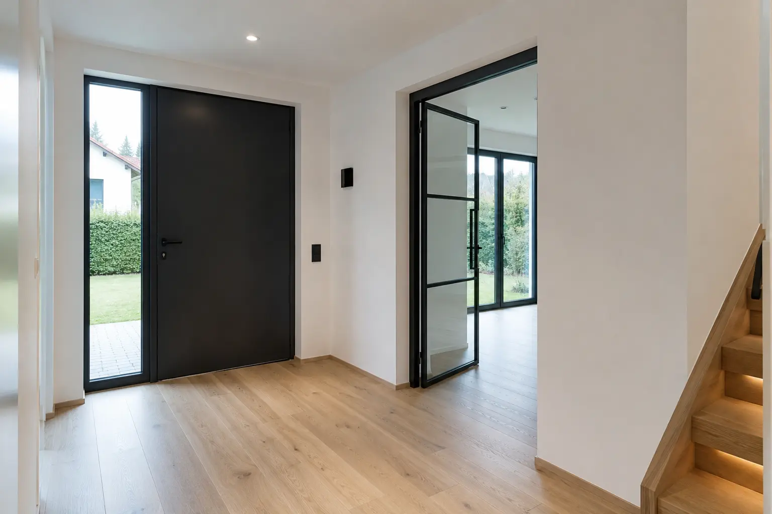 Modernes Entrée mit Glastür und Treppe in einer Verkaufsimmobilie in Saarbrücken