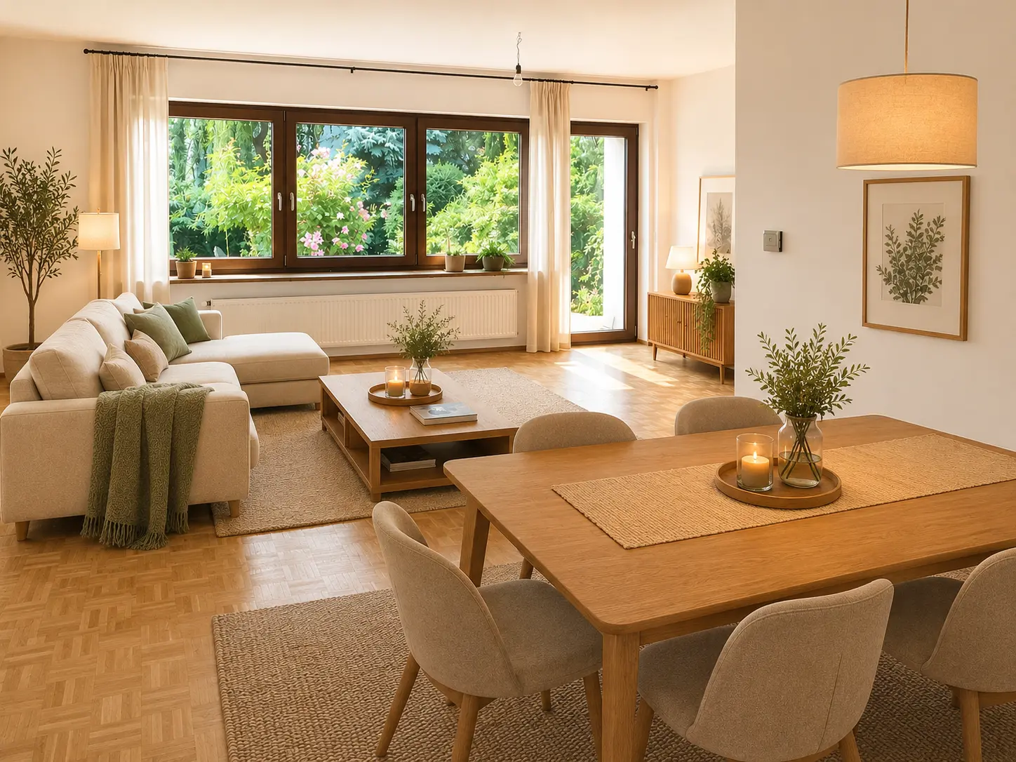 Heller Wohnbereich mit Stuckdecke und Dielenboden