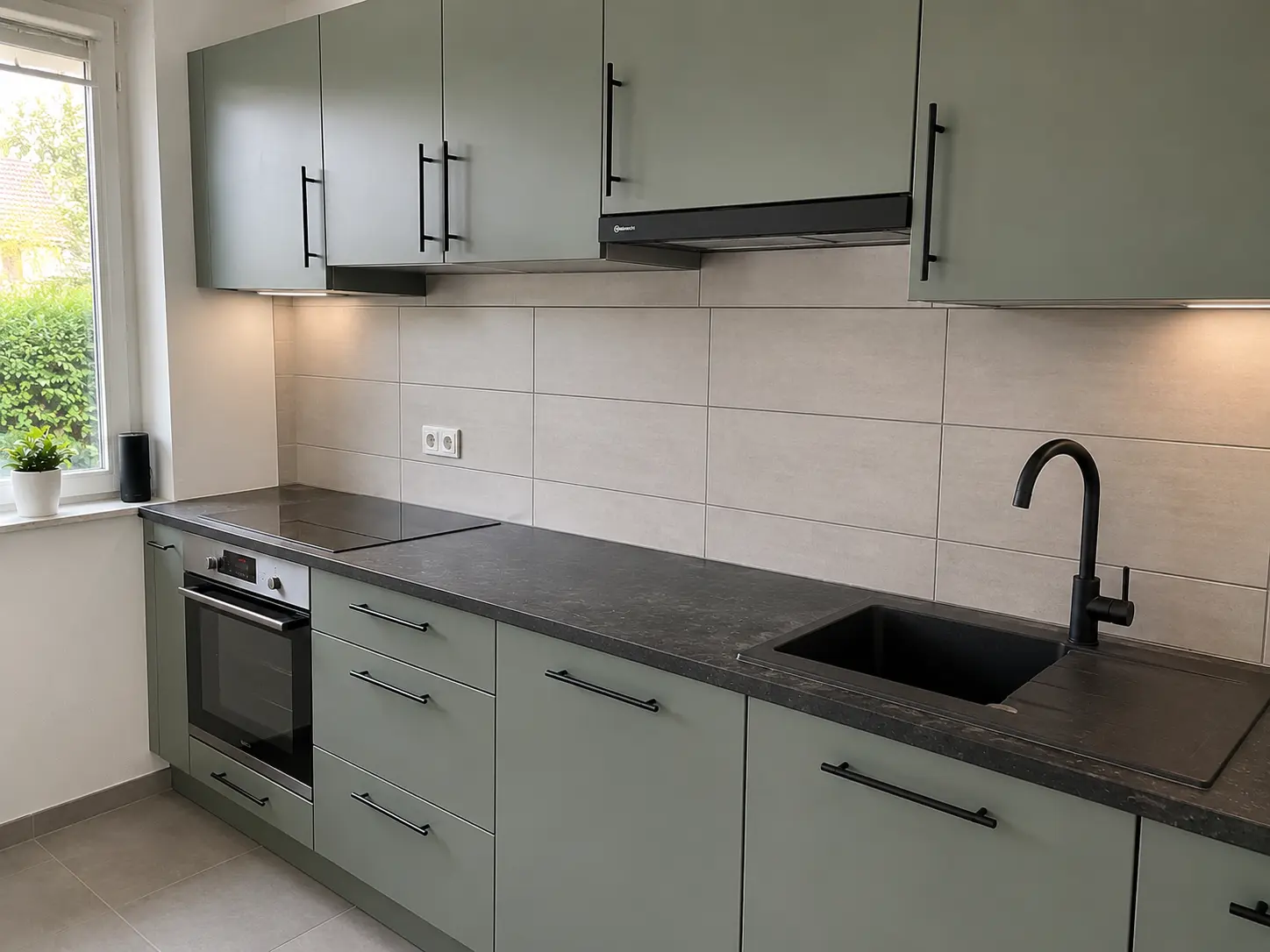 Neue Einbauküche in Salbeigrün mit dunkler Arbeitsplatte