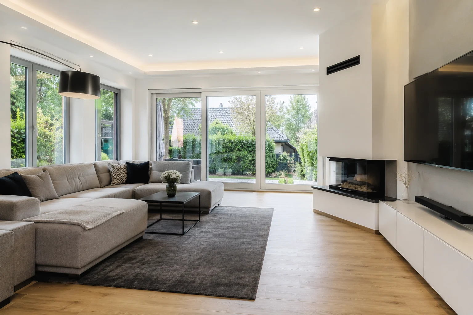 Wohnbereich des Penthouses mit Gas-Kamin