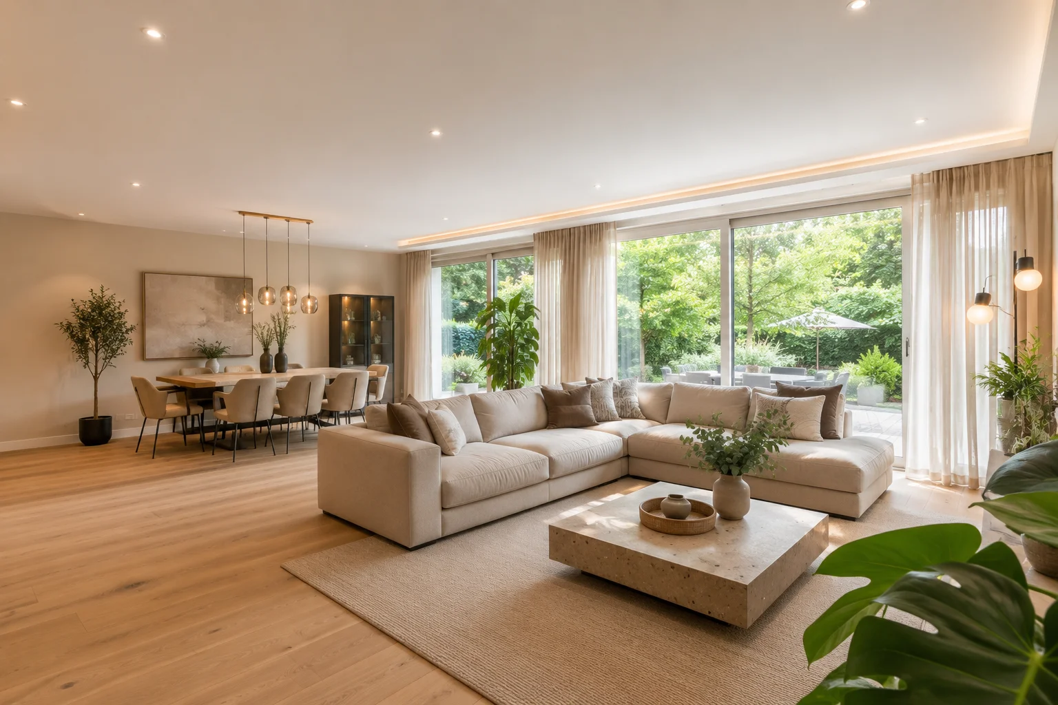Offener Wohnbereich der Villa mit bodentiefen Fenstern zum Garten
